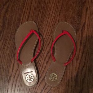 Tory Burch patent and leather flip flops